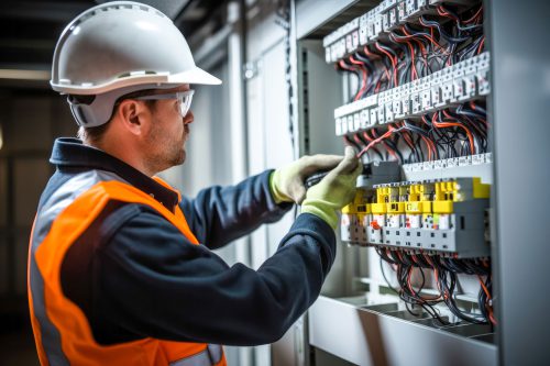 Commercial electrician at work on a fuse box