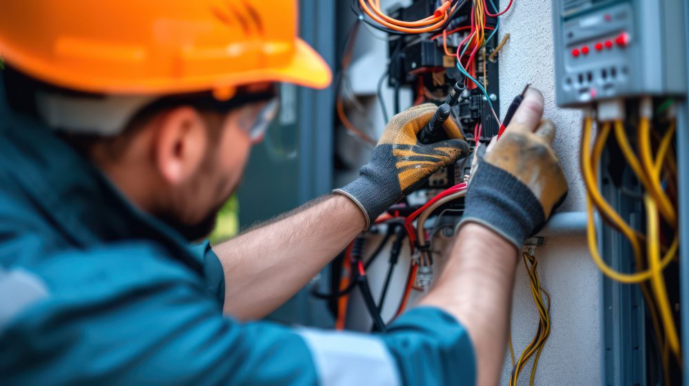 Close-up shot of an electrician carefully repairing wiring and electrical equipment